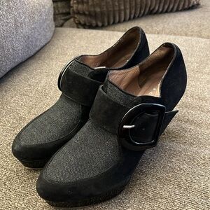 PACO GIL BLACK SUEDE, PATENT,‎ TEXTILE BOOTIE SHOES SIZE 8